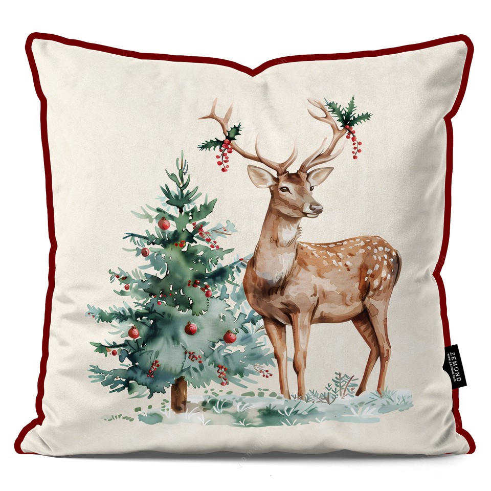 کاور کوسن زیما طرح گوزن و کاج کریسمس کد 104 کرم-قهوه ای