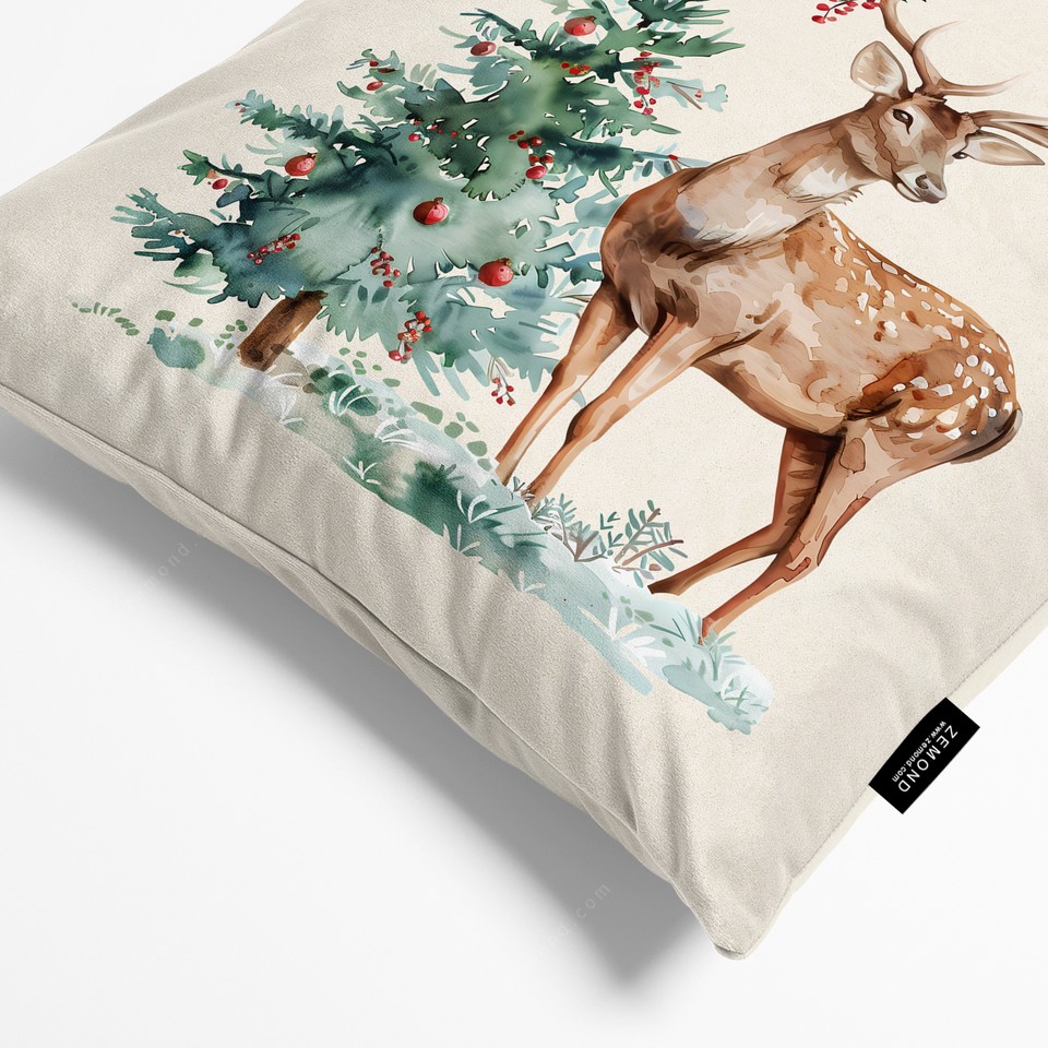 کاور کوسن زیما طرح گوزن و کاج کریسمس کد 104 کرم-قهوه ای