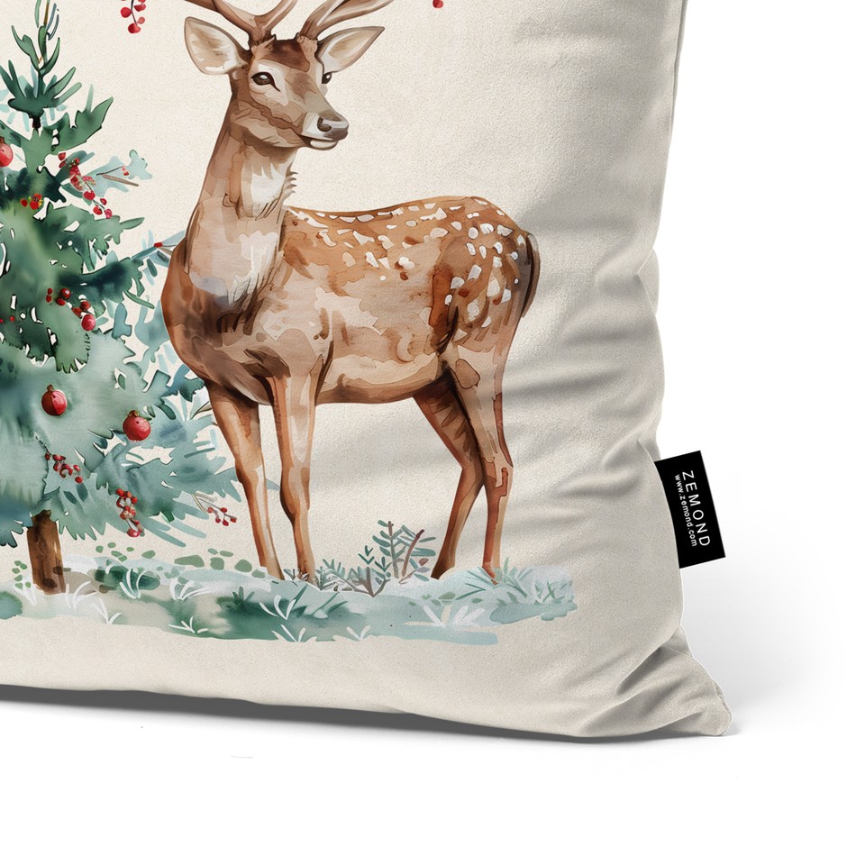کاور کوسن زیما طرح گوزن و کاج کریسمس کد 104 کرم-قهوه ای