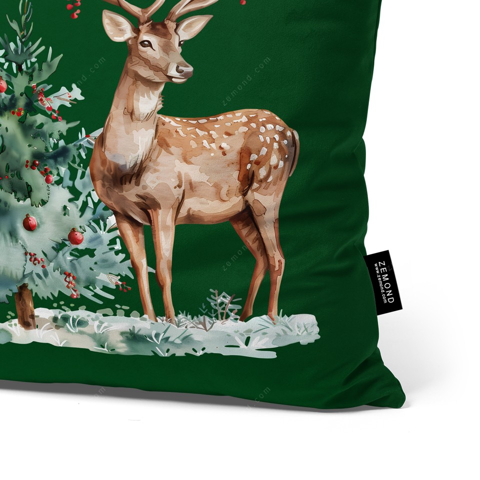 کاور کوسن زیما طرح گوزن و کاج کریسمس کد 104 سبز-قهوه ای