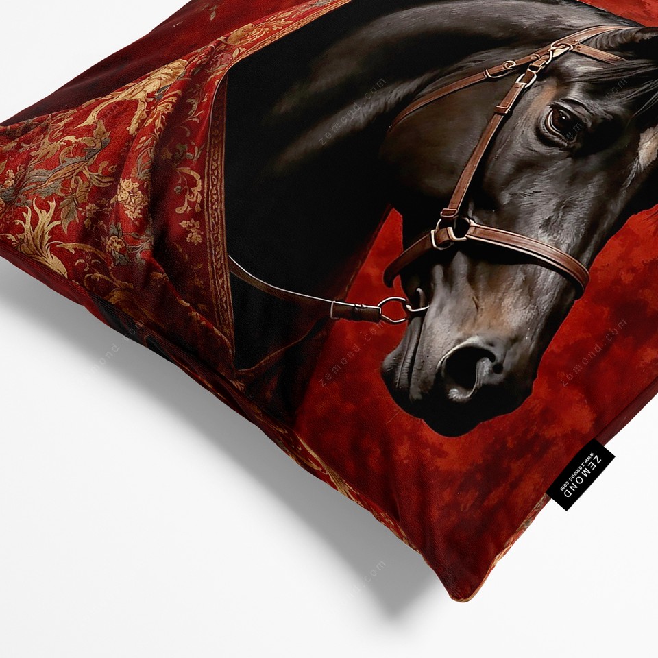 کاور کوسن شوالیه طرح اسب و فرش ایرانی 1 کد 105 قرمز-مشکی