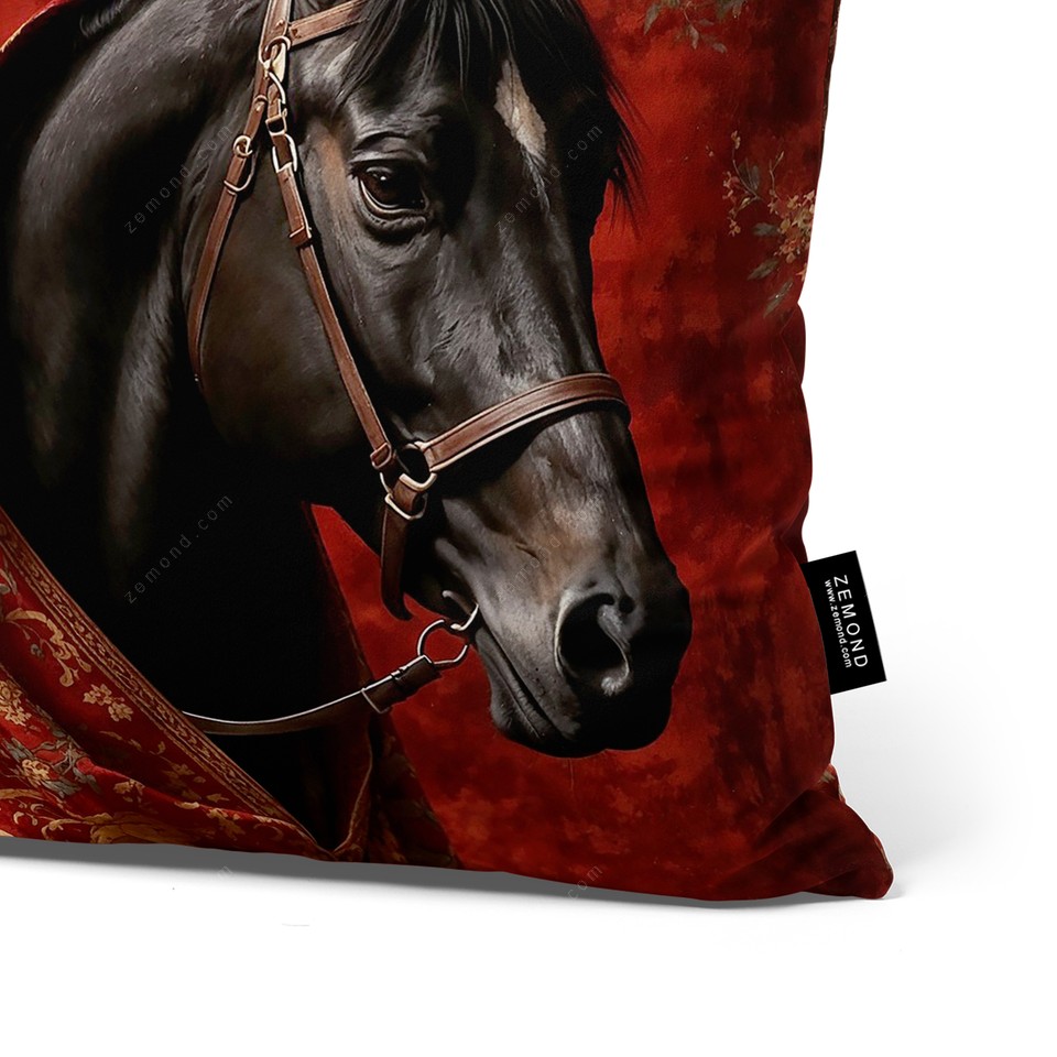 کاور کوسن شوالیه طرح اسب و فرش ایرانی 1 کد 105 قرمز-مشکی