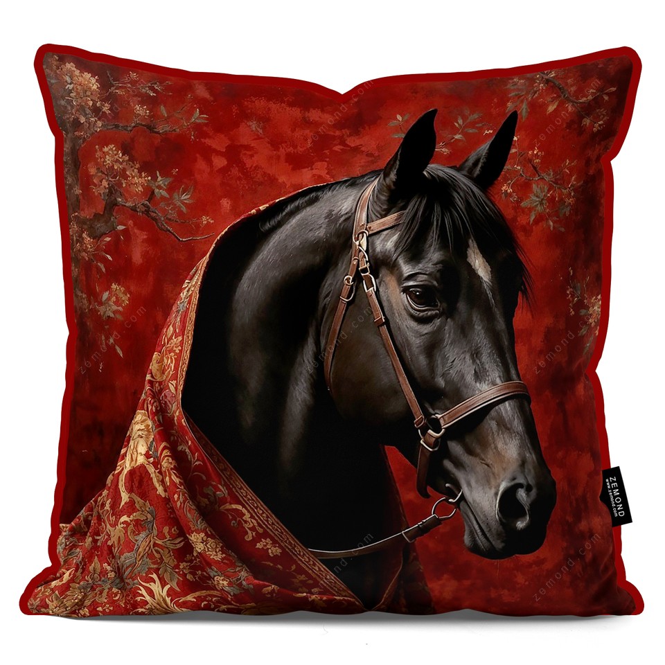 کاور کوسن شوالیه طرح اسب و فرش ایرانی 1 کد 105 قرمز-مشکی