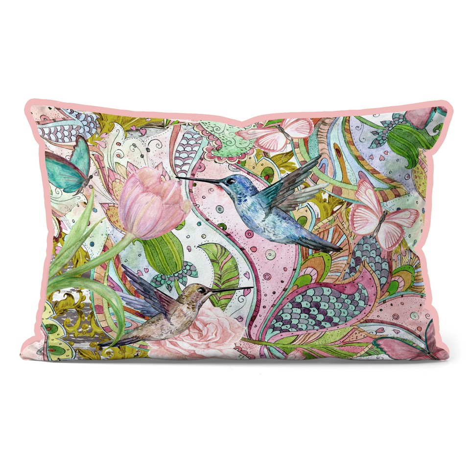 کاور کوسن هاوایی طرح مرغ مگس‌ خوار و گل‌ ها کد 134 صورتی