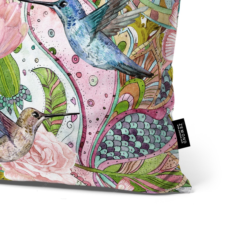 کاور کوسن هاوایی طرح مرغ مگس‌ خوار و گل‌ ها کد 134 صورتی