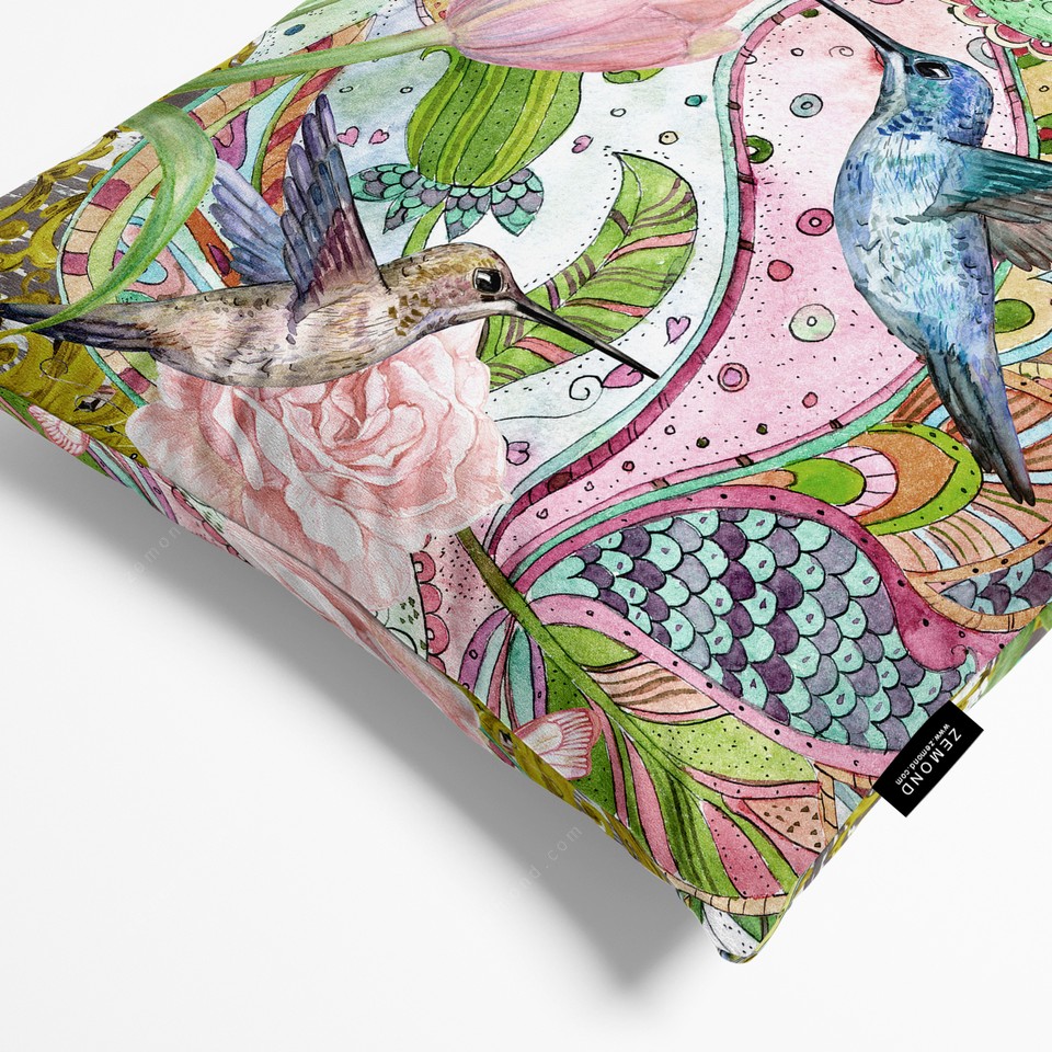 کاور کوسن هاوایی طرح مرغ مگس‌ خوار و گل‌ ها کد 134 صورتی