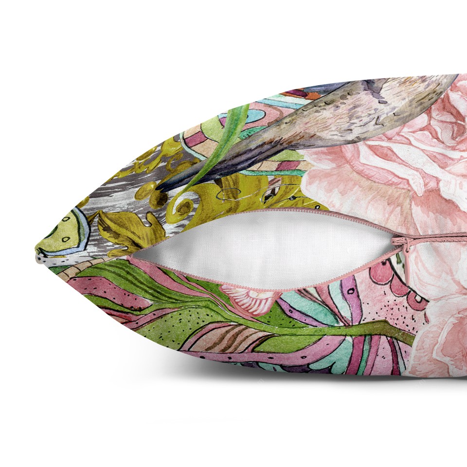 کاور کوسن هاوایی طرح مرغ مگس‌ خوار و گل‌ ها کد 134 صورتی