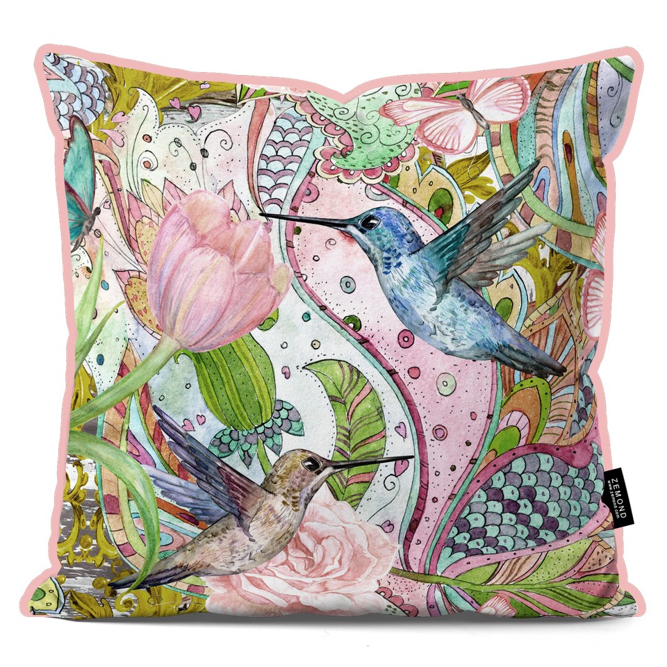 کاور کوسن هاوایی طرح مرغ مگس‌ خوار و گل‌ ها کد 134 صورتی