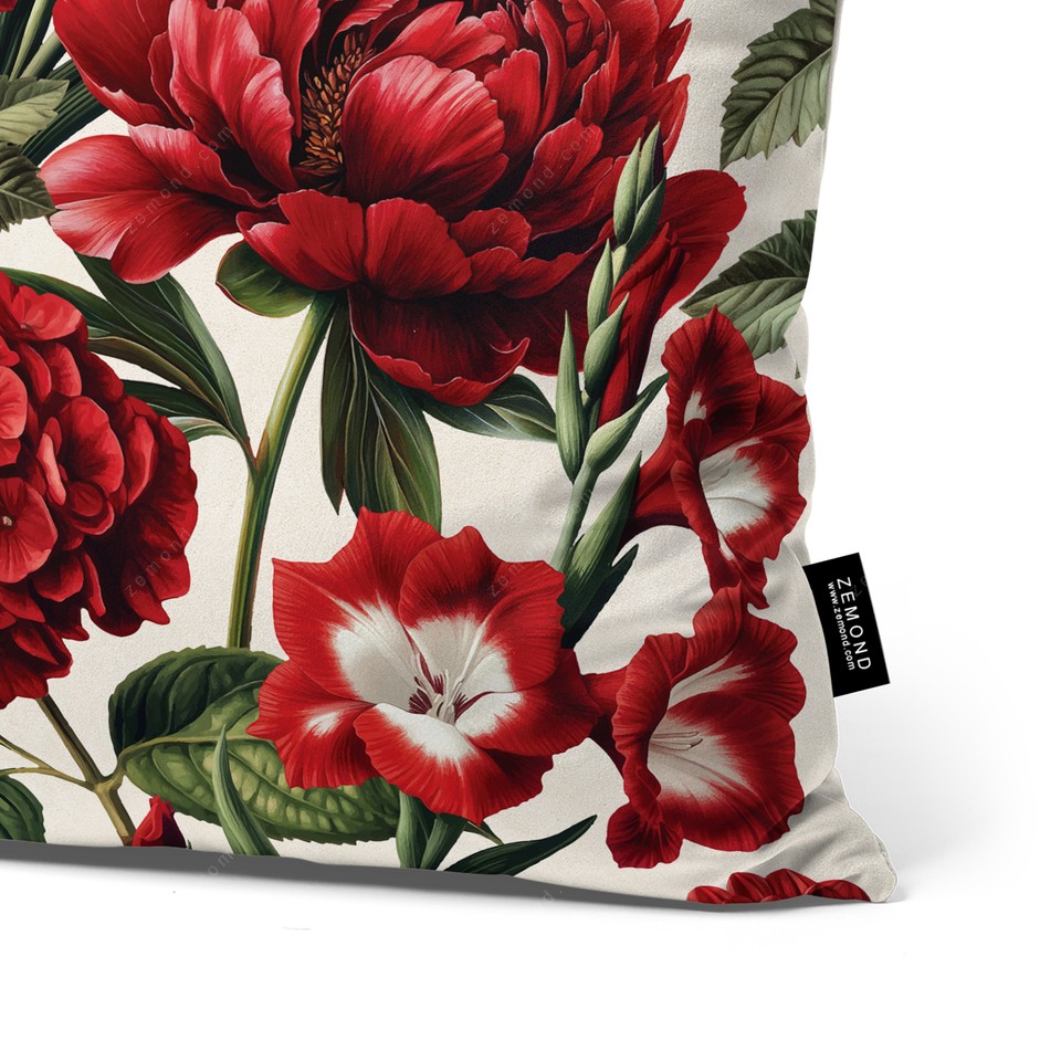 کاور کوسن زیما طرح گلهای قرمز مخملی کد 176 کرم-قرمز