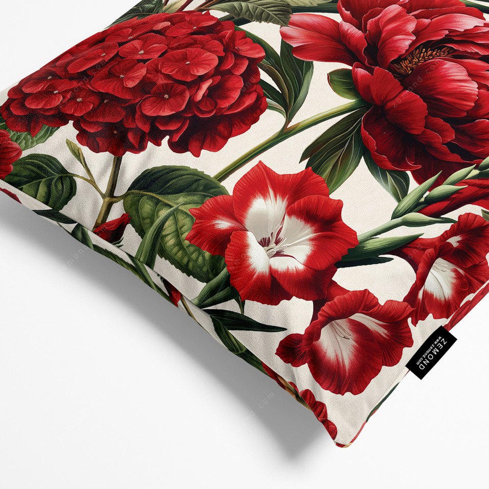 کاور کوسن زیما طرح گلهای قرمز مخملی کد 176 کرم-قرمز