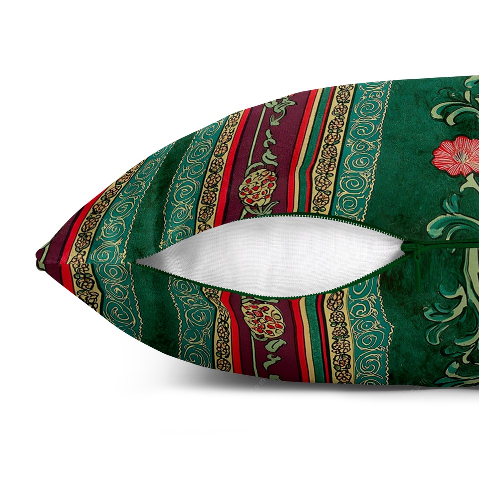 کاور کوسن زیما طرح گل پیچک راه راه کد 178 سفید-سبز-مشکی