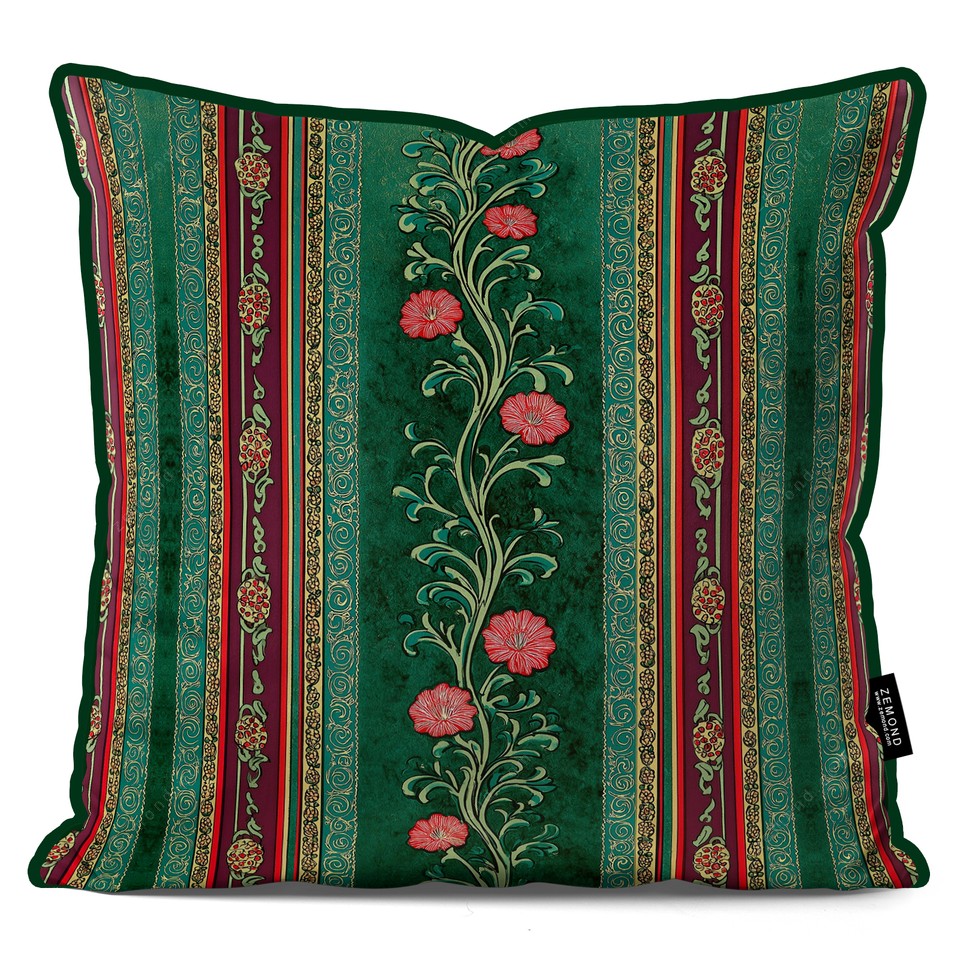 کاور کوسن زیما طرح گل پیچک راه راه کد 178 سفید-سبز-مشکی