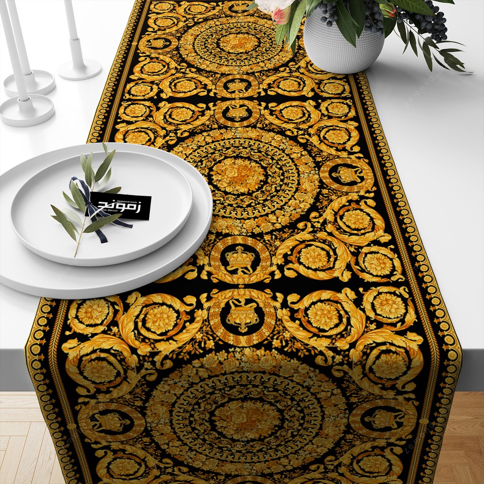 رانر ورساچه طرح گلهای باروک 1 کد 216 مشکی-طلایی-زرد