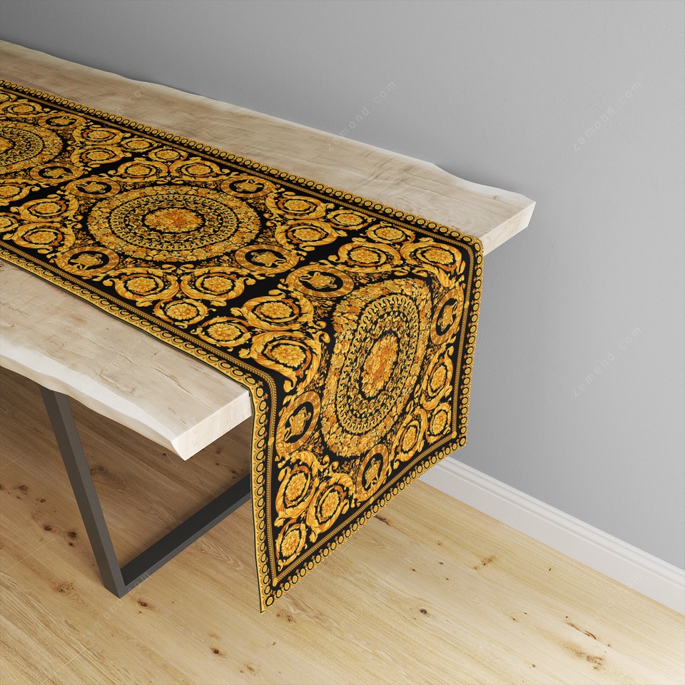 رانر ورساچه طرح گلهای باروک 1 کد 216 مشکی-طلایی-زرد