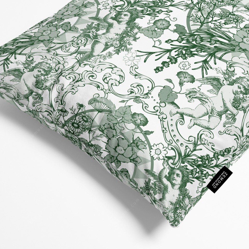 کاور کوسن قلم آبی طرح فرشتگان و گلهای ویکتوریایی 1 کد 230 سفید-سبز