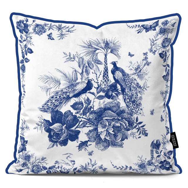کاور کوسن قلم آبی طرح گل و طاووس 1