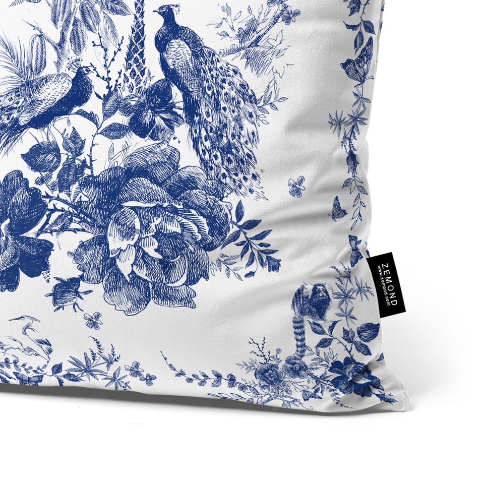 کاور کوسن قلم آبی طرح گل و طاووس 1 کد 231 سفید-سرمه ای