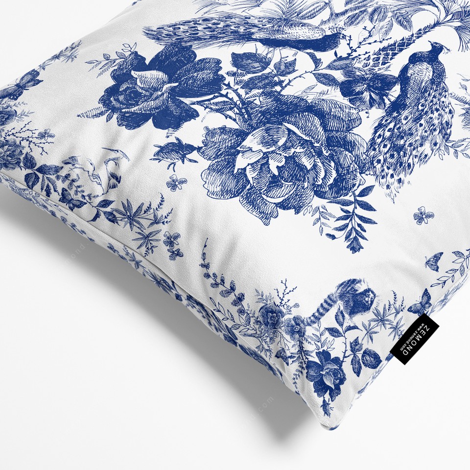 کاور کوسن قلم آبی طرح گل و طاووس 1 کد 231 سفید-سرمه ای