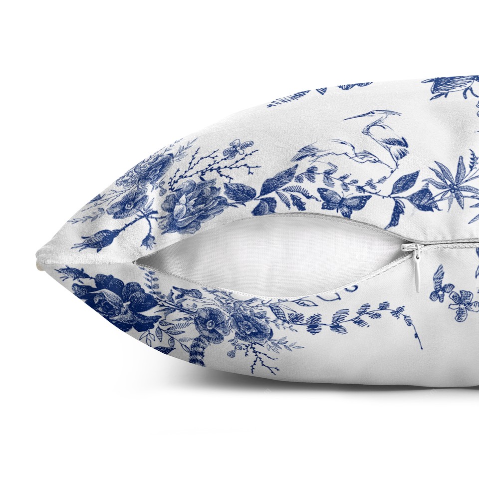 کاور کوسن قلم آبی طرح گل و طاووس 1 کد 231 سفید-سرمه ای