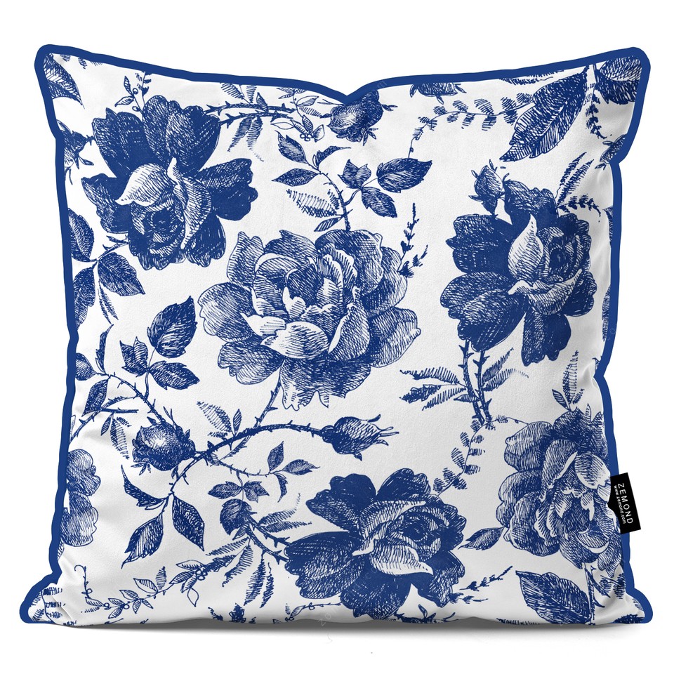 کاور کوسن قلم آبی طرح گلدار 1 کد 232 سفید-سرمه ای