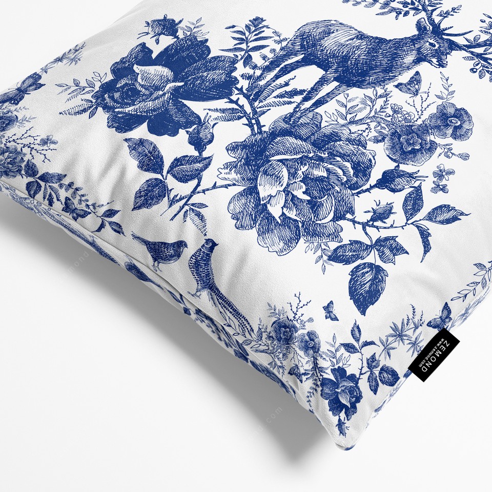 کاور کوسن قلم آبی طرح گل و گوزن 1 کد 234 نارنجی-سبز