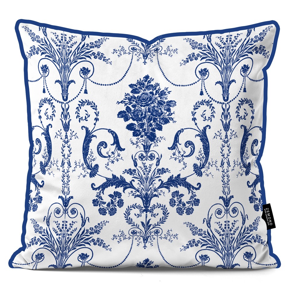 کاور کوسن قلم آبی طرح داماس کلاسیک 7 کد 242 سفید-سرمه ای
