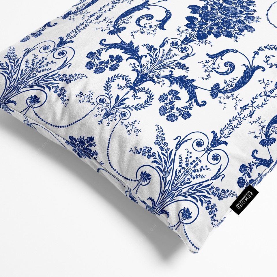 کاور کوسن قلم آبی طرح داماس کلاسیک 7 کد 242 سفید-سرمه ای