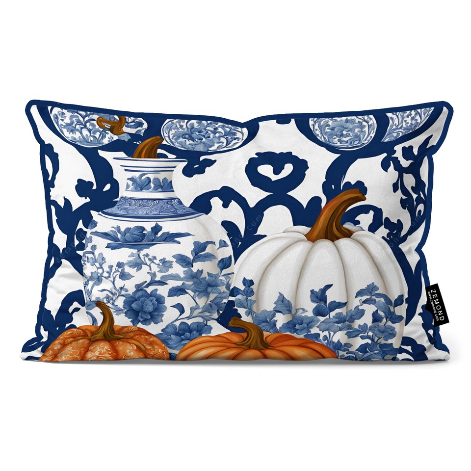 کاور کوسن پاییزان طرح گلدان قلم آبی و کدوحلوایی نارنجی کد 278 سفید-سرمه ای-نارنجی