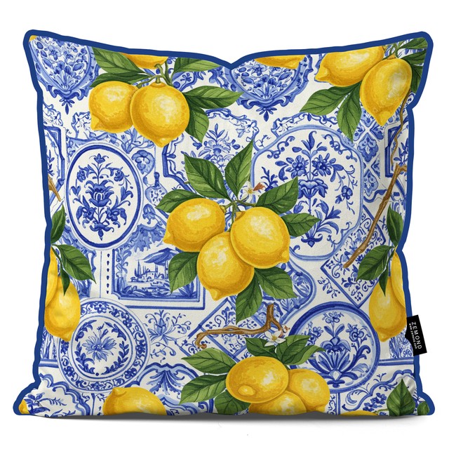 کاور کوسن پردیس طرح کاشی قلم آبی و شاخه لیمو