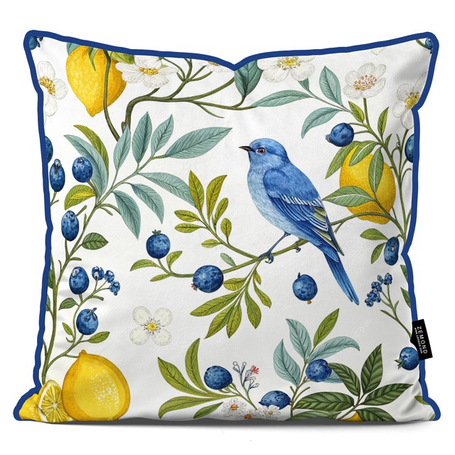 کاور کوسن پردیس طرح پرنده آبی روی شاخه لیمو و بلوبری 1
