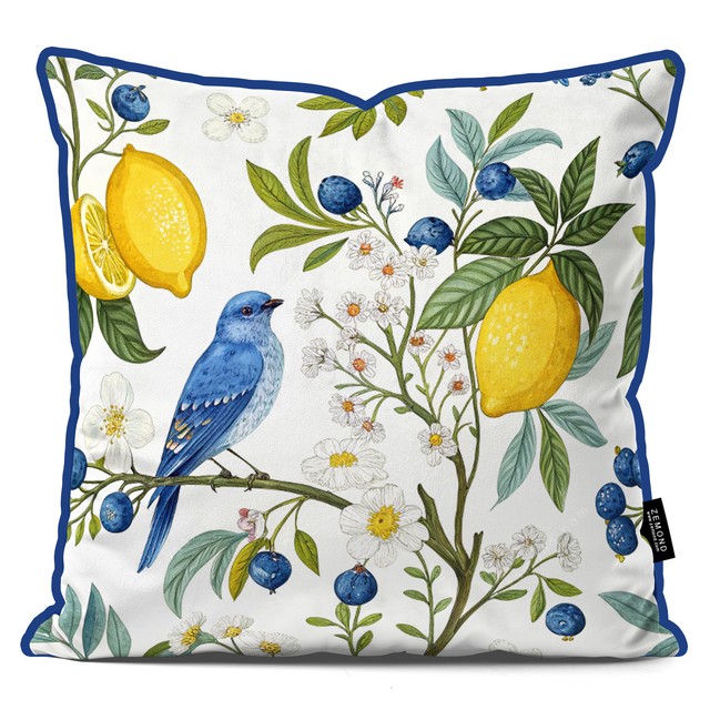 کاور کوسن پردیس طرح پرنده آبی روی شاخه لیمو و بلوبری 2