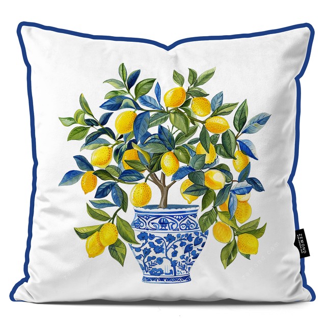 کاور کوسن پردیس طرح درختچه لیموترش در گلدان قلم آبی