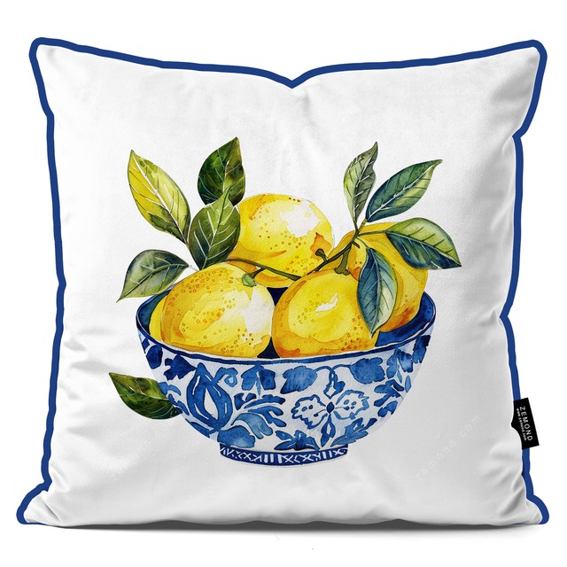 کاور کوسن پردیس طرح شاخه های زرد لیمو در کاسه قلم آبی