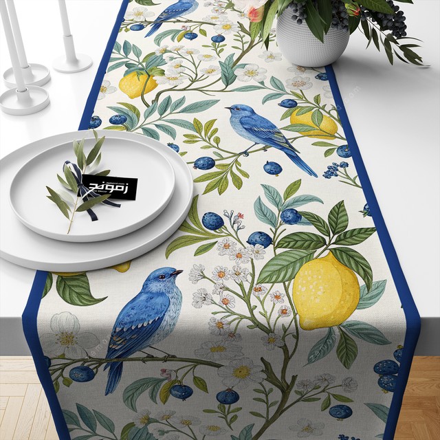 رانر پردیس طرح پرنده آبی روی شاخه لیمو و بلوبری