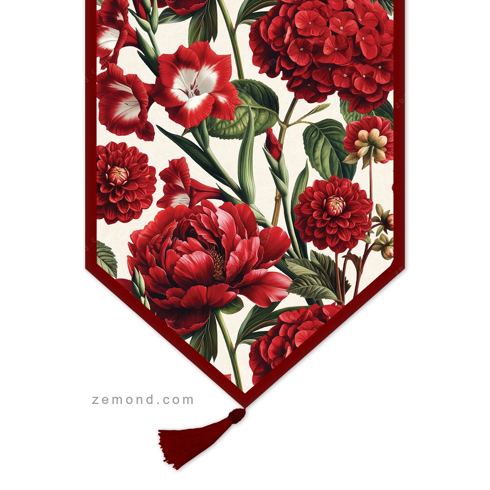 رانر زیما طرح گلهای قرمز مخملی کد 365 کرم-قرمز