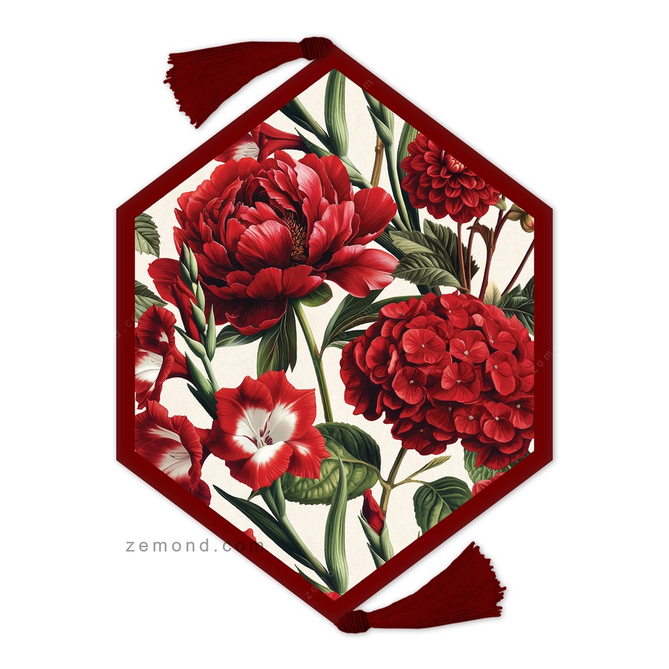 رانر زیما طرح گلهای قرمز مخملی کد 365 کرم-قرمز