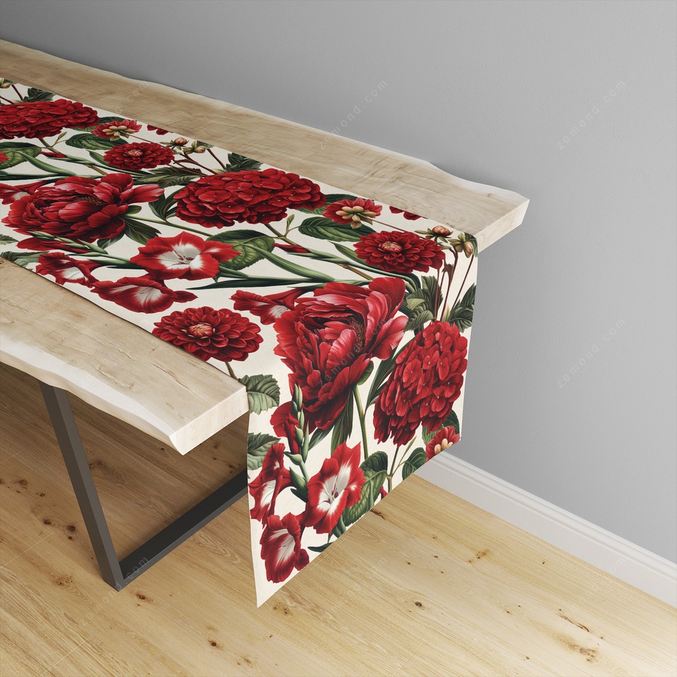 رانر زیما طرح گلهای قرمز مخملی کد 365 کرم-قرمز