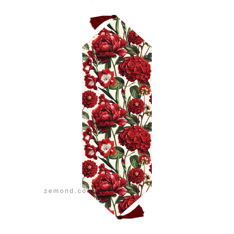 رانر زیما طرح گلهای قرمز مخملی کد 365 کرم-قرمز