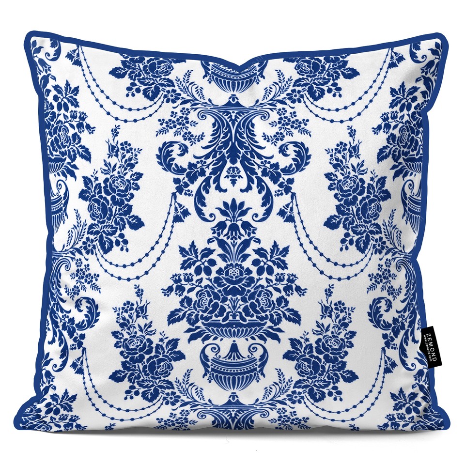 کاور کوسن قلم آبی طرح داماس کلاسیک 6 کد 46 سفید-سرمه ای