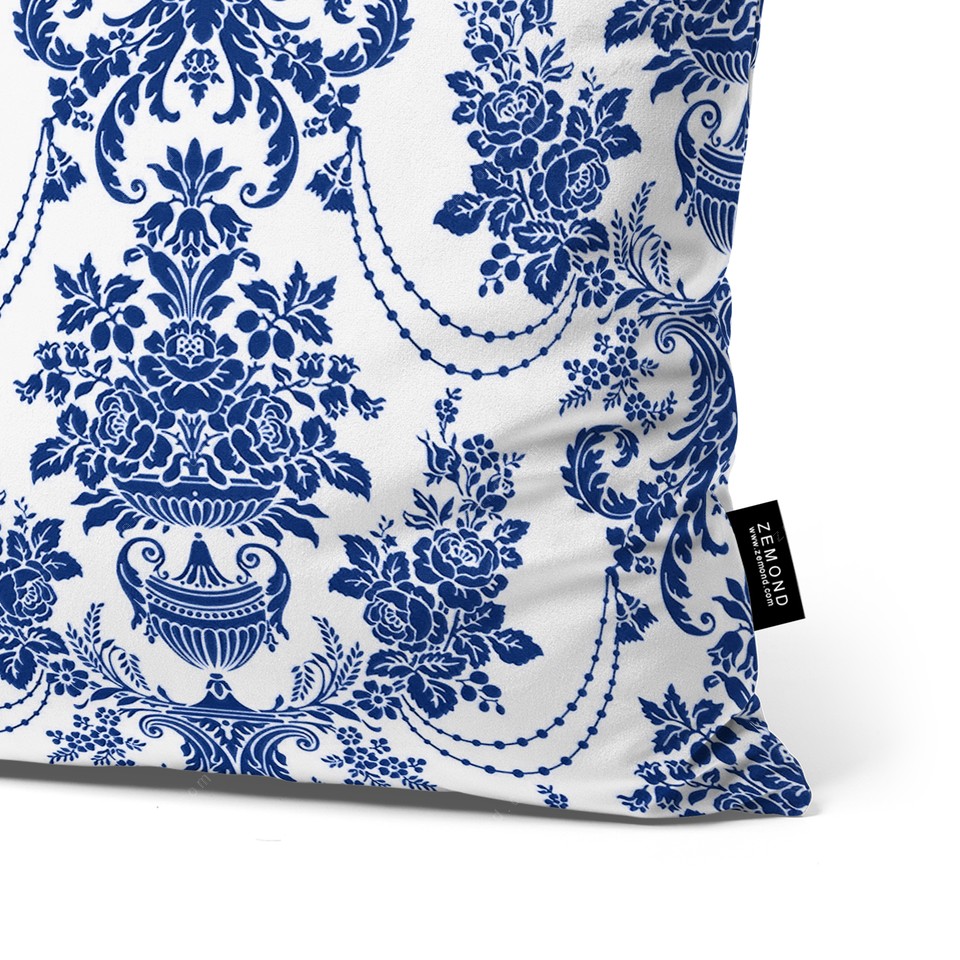 کاور کوسن قلم آبی طرح داماس کلاسیک 6 کد 46 سفید-سرمه ای