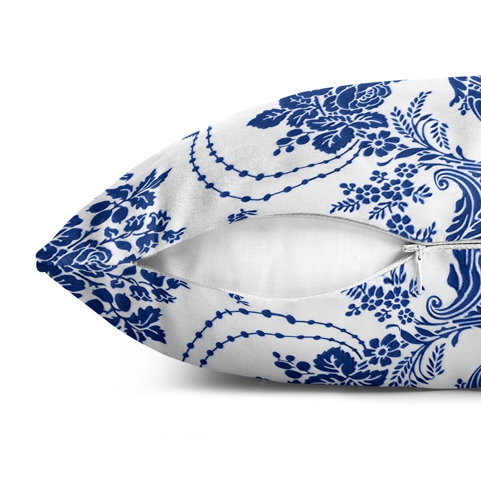 کاور کوسن قلم آبی طرح داماس کلاسیک 6 کد 46 سفید-سرمه ای