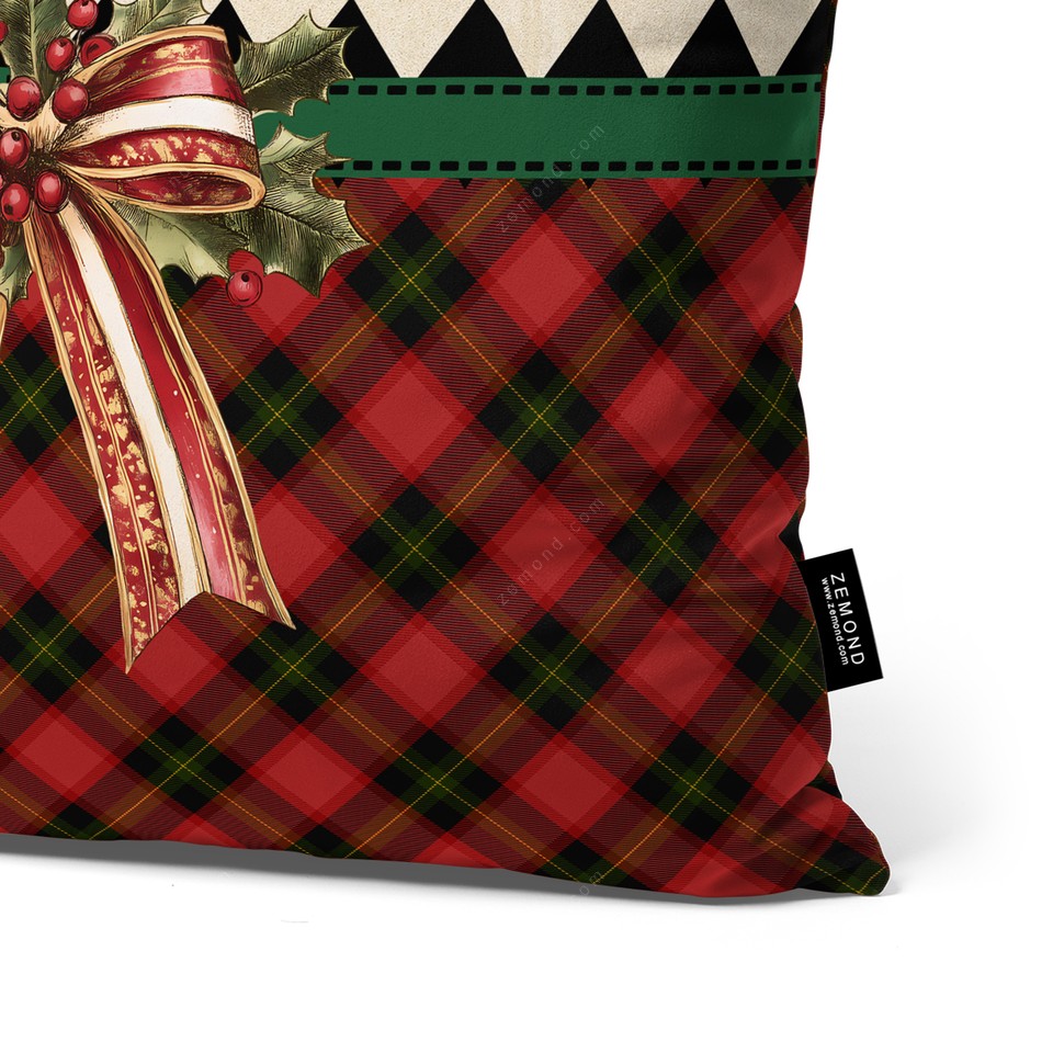 کاور کوسن زیما طرح ترکیبی کریسمس روبان دار کد 57 زرشکی-سبز
