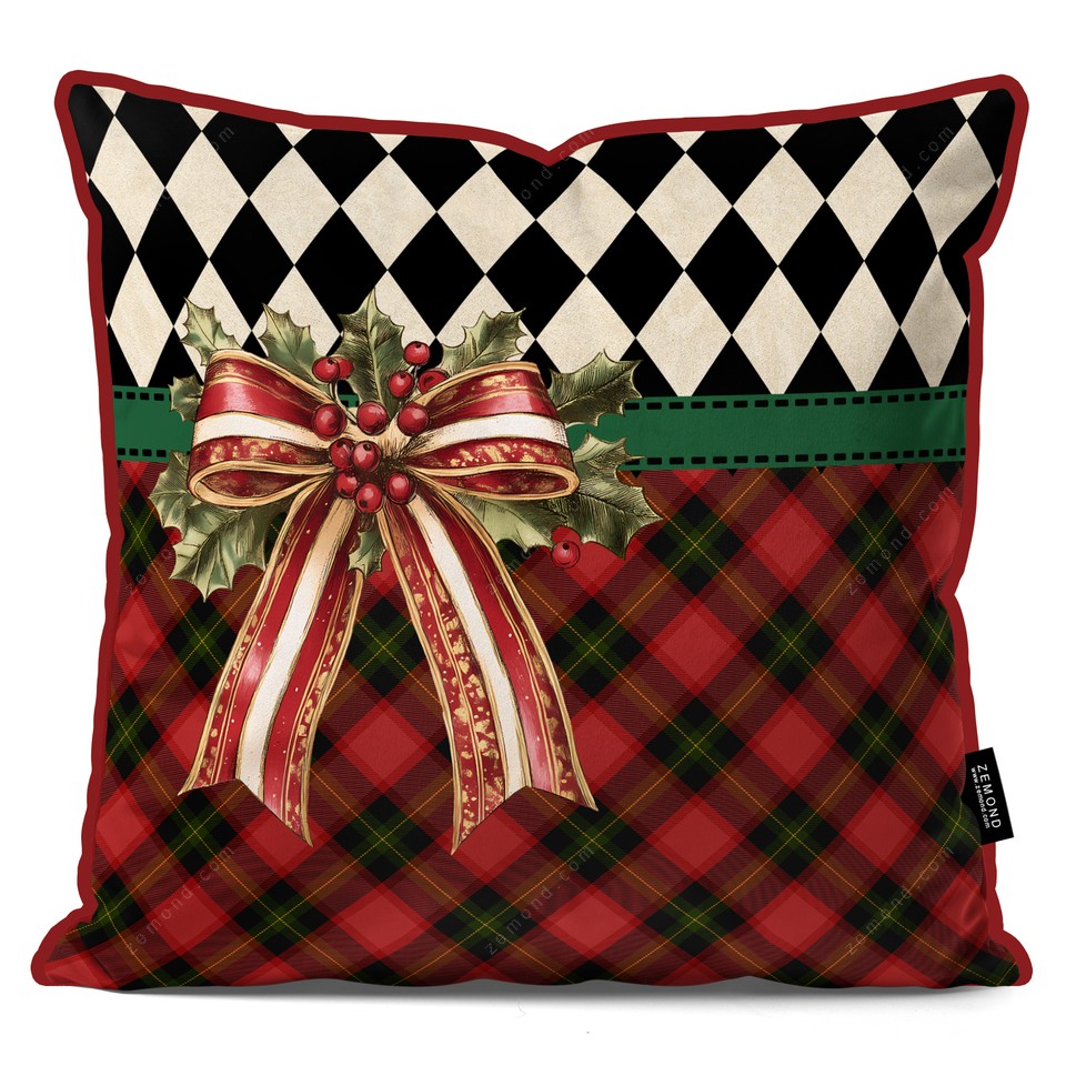 کاور کوسن زیما طرح ترکیبی کریسمس روبان دار کد 57 زرشکی-سبز