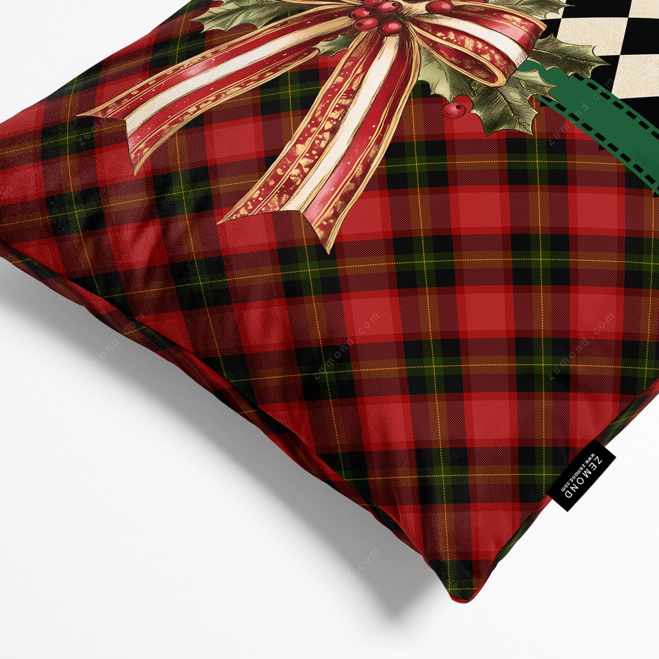 کاور کوسن زیما طرح ترکیبی کریسمس روبان دار کد 57 زرشکی-سبز