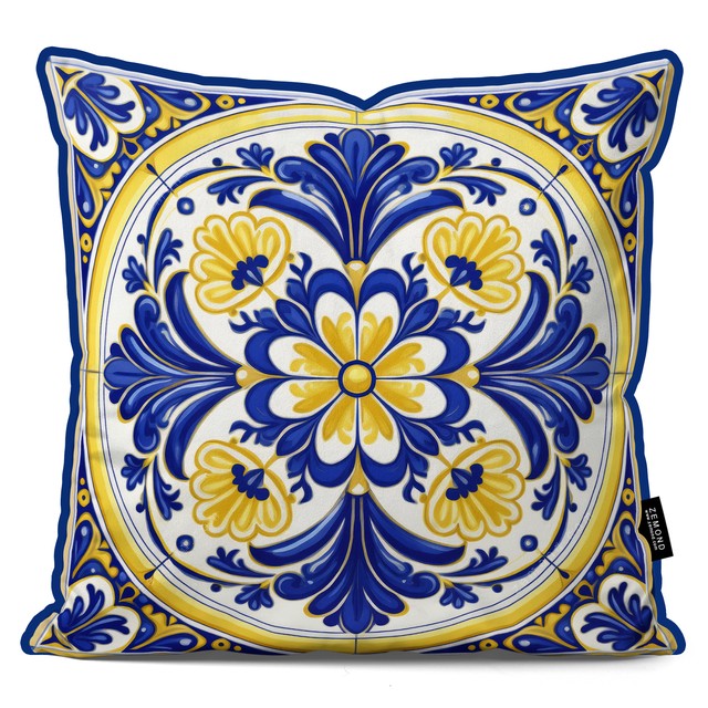 کاور کوسن پردیس طرح کاشی قلم آبی و زرد 2