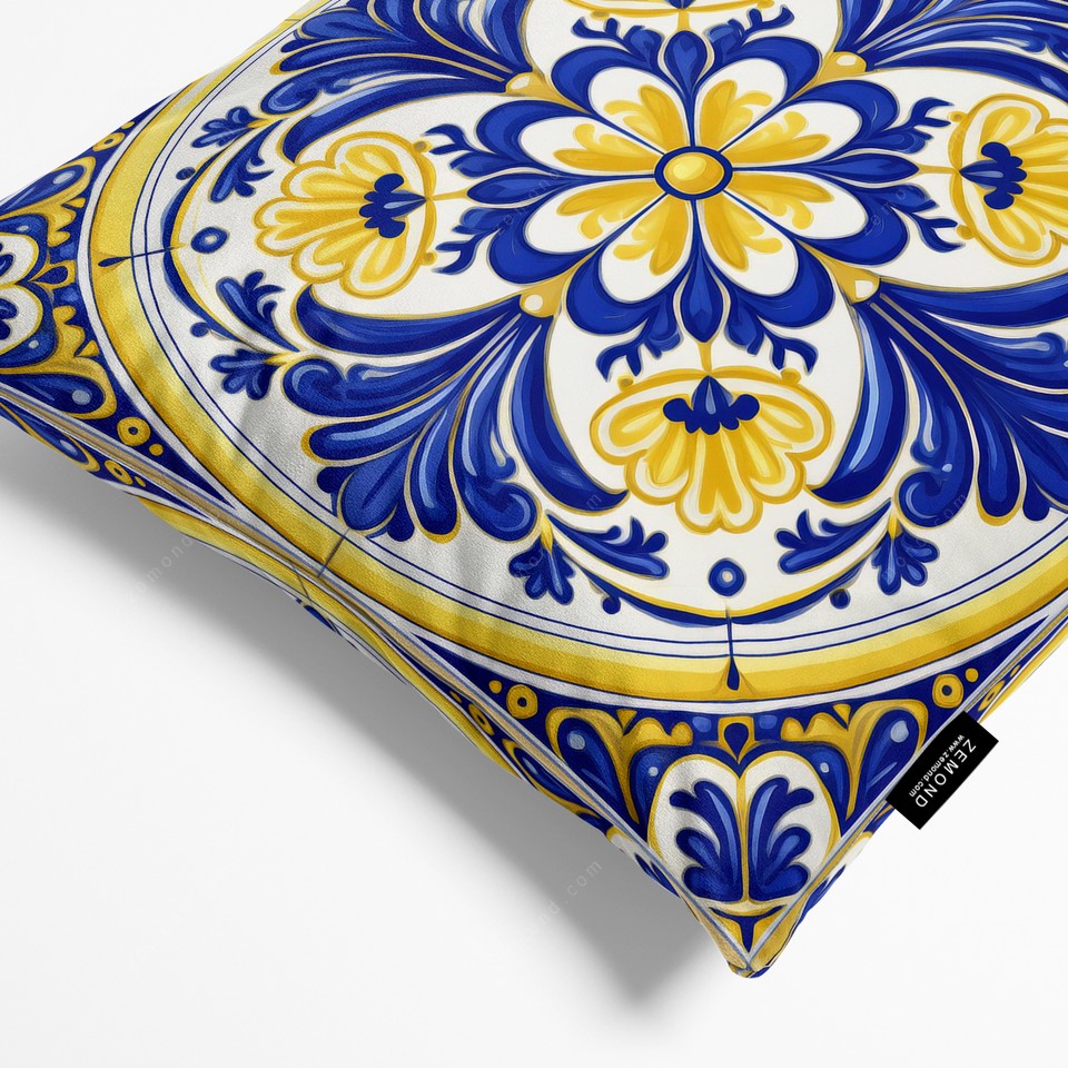 کاور کوسن پردیس طرح کاشی قلم آبی و زرد 2 کد 58 آبی-زرد-سفید