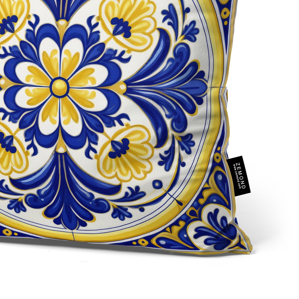 کاور کوسن پردیس طرح کاشی قلم آبی و زرد 2 کد 58 آبی-زرد-سفید