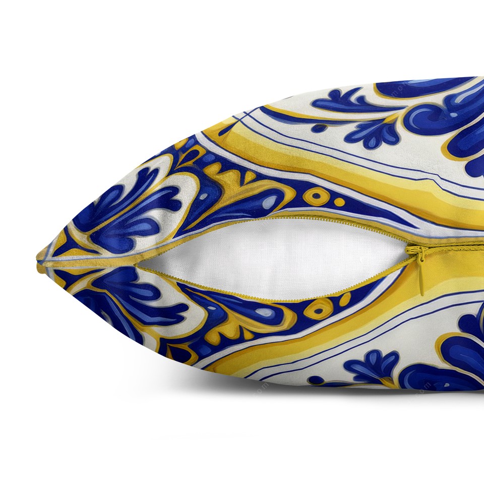 کاور کوسن پردیس طرح کاشی قلم آبی و زرد 2 کد 58 آبی-زرد-سفید