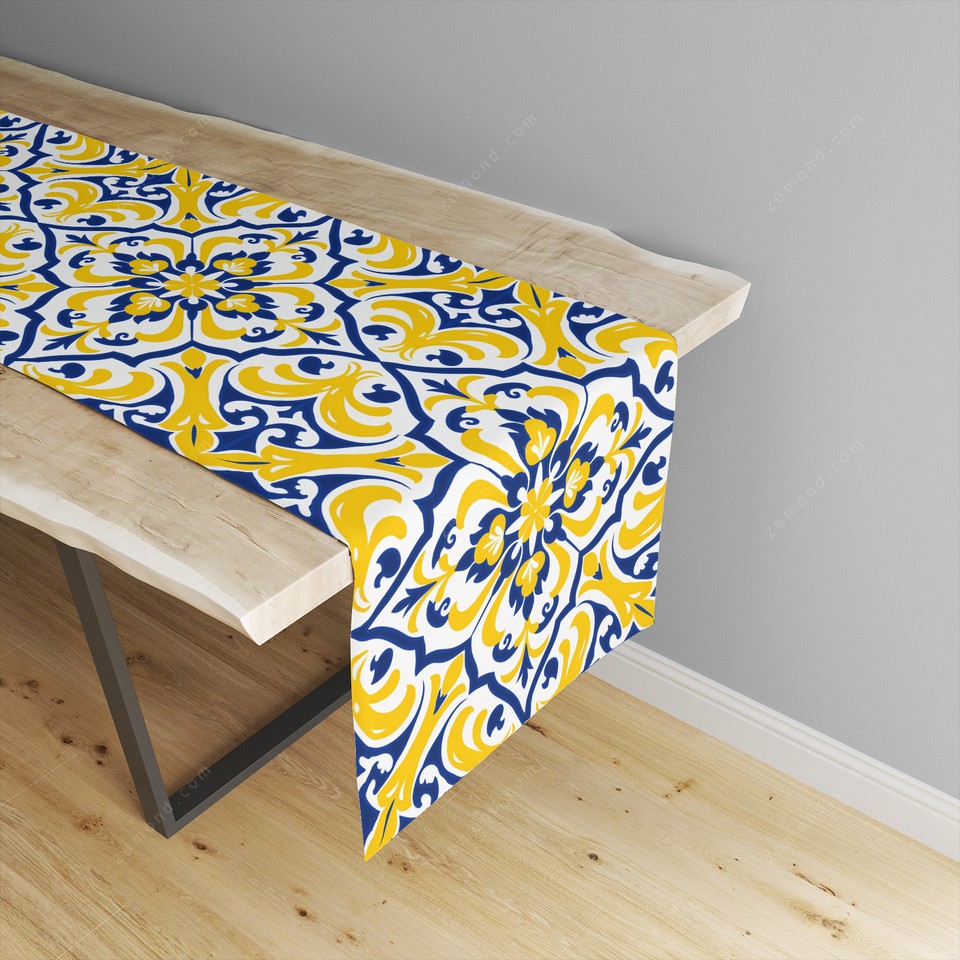 رانر پردیس طرح کاشی قلم آبی و زرد 1 کد 59 آبی-زرد-سفید