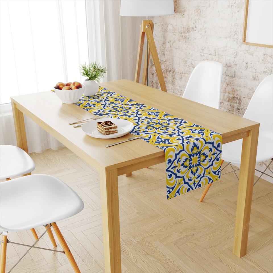 رانر پردیس طرح کاشی قلم آبی و زرد 1 کد 59 آبی-زرد-سفید